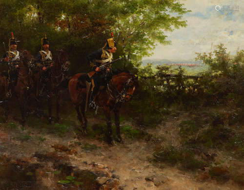 Hermanus Willem Koekkoek (Dutch, 1867-1929) Hussars scouting on a forest path 17 x 21in (43.2 x 53.4cm)