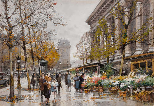 Eugène Galien-Laloue (French, 1854-1941) Marché aux fleurs à la Madeleine 6 1/2 x 9 1/2in (16.5 x 24.1cm)