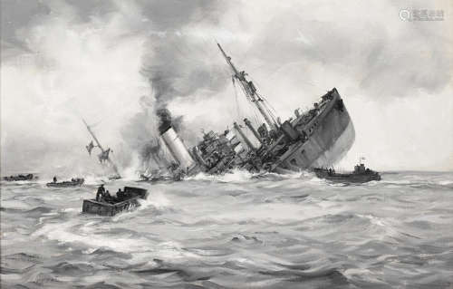 Montague Dawson (British, 1890-1973) A Merchant Navy incident; a ship goes down 12 x 18 1/2in (30.5 x 47cm)