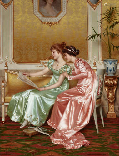 Vittorio Reggianini (Italian, 1858-1939) Two elegant young ladies in an interior perusing a magazine 33 1/4 x 25 1/2in (84.5 x 64.8cm)