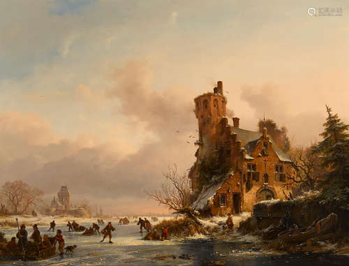 Fredrik Marinus Kruseman (Dutch, 1816-1882) A frozen winter landscape with skaters on a river 19 x 25 1/8in (48.3 x 63.8cm)