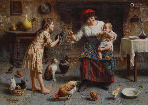 Eugenio Zampighi (Italian, 1859-1944) The happy family 22 x 30 1/2in (55.9 x 77.5cm)