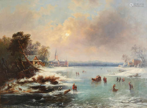 Johan Friedrich Nagel (German, 1765-1825) Figures skating on a frozen lake 36 1/4 x 48in (92.1 x 121.9cm)