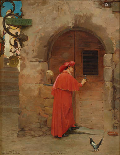 Jehan Georges Vibert (French, 1840-1902) A visit to Figaro 10 5/8 x 8 3/8in (27 x 21.3cm)