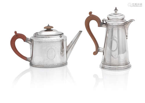 A George III style silver teapot and similar hot water pot by C.J.Vander Ltd, London 1969 and 1971 (2)