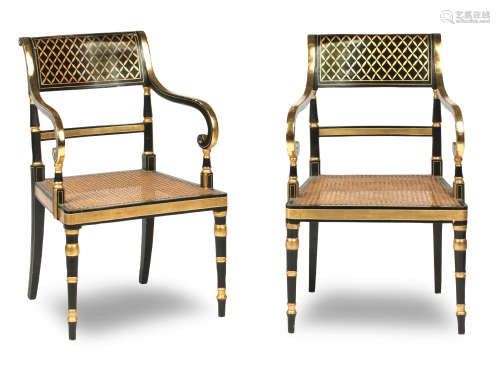 A set of ten Regency parcel gilt and ebonised open armchairs