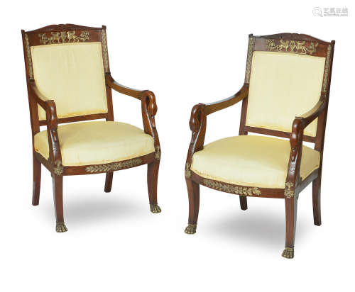 A pair of mahogany Empire Revival open armchairs, early 20th century