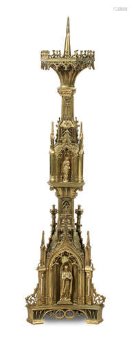 A 19th century Gothic Revival brass pricket candlestick, in the manner of A.W.N. Pugin