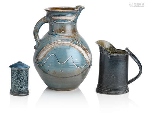 Michael Casson (British 1925-2003): a stoneware jug, and Walter Keeler (British, b.1942): a jug and leaning lidded jar