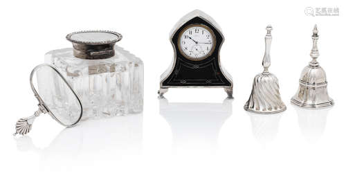 An early 20th century silver-mounted glass inkwell and two silver table bells Birmingham 1910, the bells by Harry Brasted, London 1898, 1900 (5)