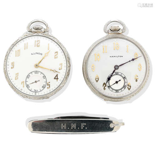 Hamilton and Illinois. Two late 19th/early 20th century 14k white gold American open faced keyless pocket watches