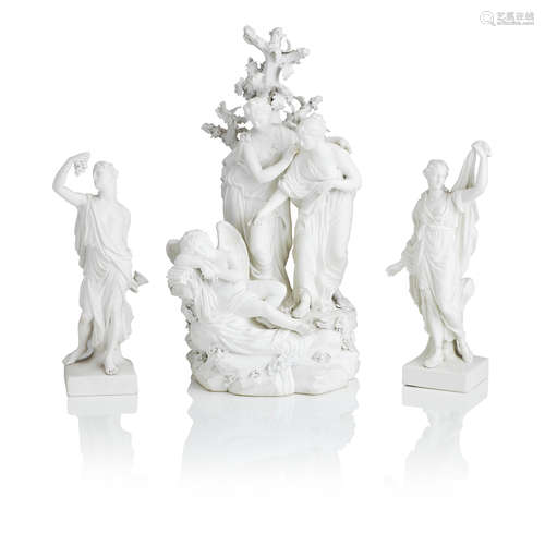 A pair of Derby biscuit figures of Ariadne and Bacchus and a Derby biscuit group of Virgins awakening Cupid Circa 1775-80