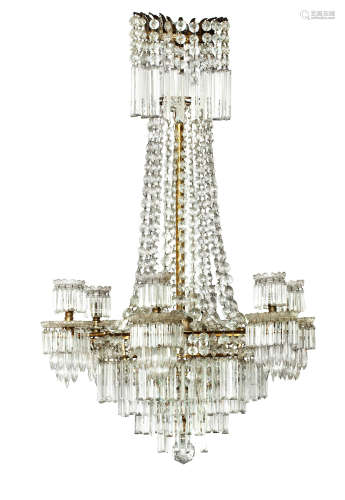 A late 19th/early 20th century six light cut glass and brass chandelier