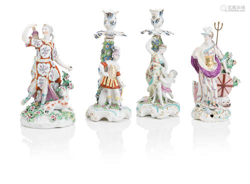 A pair of Derby candlesticks, A Derby figure of Diana and a Derby figure of Britannia Circa 1775-80