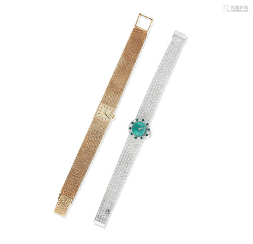 Omega and Bueche Girod. a 9k gold manual wind bracelet watch and a 9k white gold Bueche Girod diamond and emerald mounted manual wind bracelet watch 1970, London