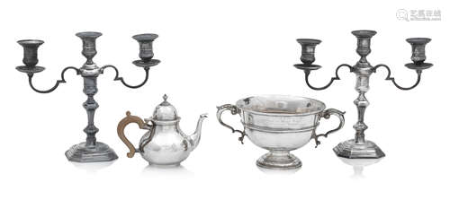 A pair of Queen Anne style modern silver candelabra and teapot by Adie Bros., Birmingham 1960/61 and D & J Wellby Ltd, 1937 respectively