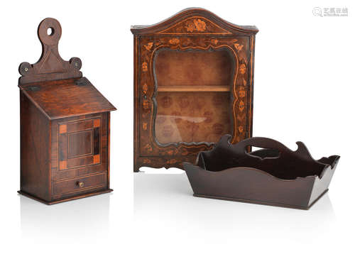 A 19th century Dutch walnut marquetry wall cabinet, an inlaid mahogany salt box and a mahogany cutlery tray