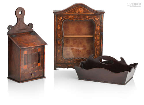 A 19th century Dutch walnut marquetry wall cabinet, an inlaid mahogany salt box and a mahogany cutlery tray