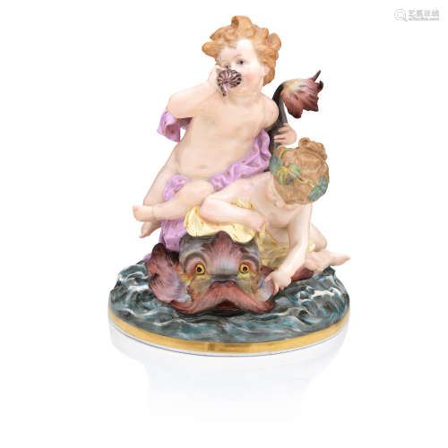 A Meissen figure group of putti and a dolphin Mid 19th century