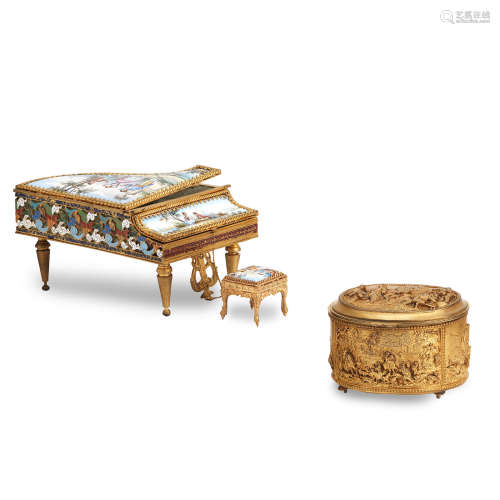 A gilt metal and Viennese enamel music box in the style of a grand piano with stool