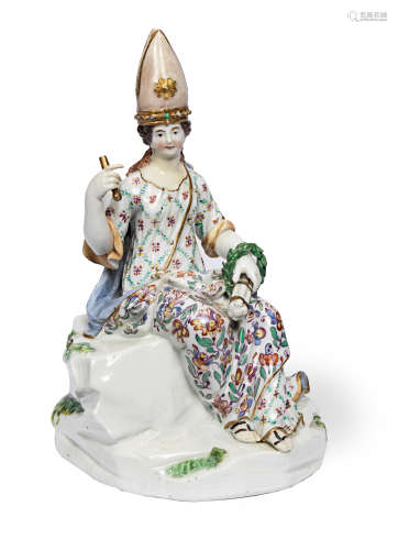 An Academic Meissen figure of a seated lady wearing a mitre hat Circa 1770