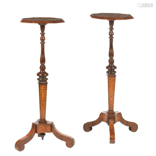 A Pair of William III style walnut and boxwood inlaid candle stands, late 19th/early 20th century