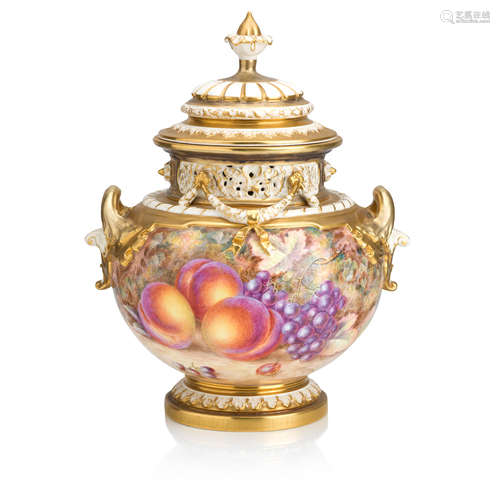 A Royal Worcester fruit painted vase and cover, painted by Harry Ayrton Post-war