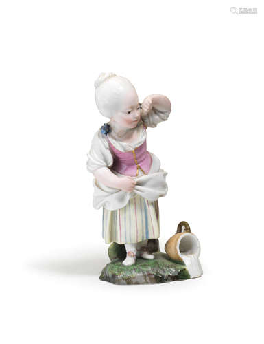 A Höchst figure of a girl crying over spilt milk Circa 1775