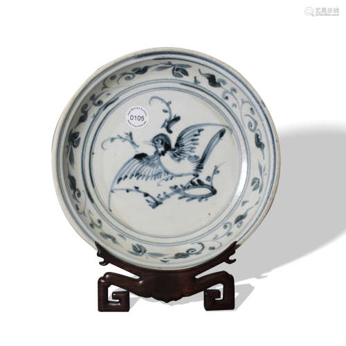 A Chinese or Vitnamese Blue and White 'Bird and Flower' Plate, 15th Century15世纪 中越青花花鸟纹盘