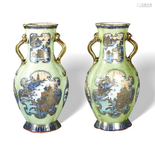 A Pair of Green Ground Canton Enamel Amphora Vases, Qianlong Period, Qing Dynasty清乾隆 绿广彩描金瓶（一对）