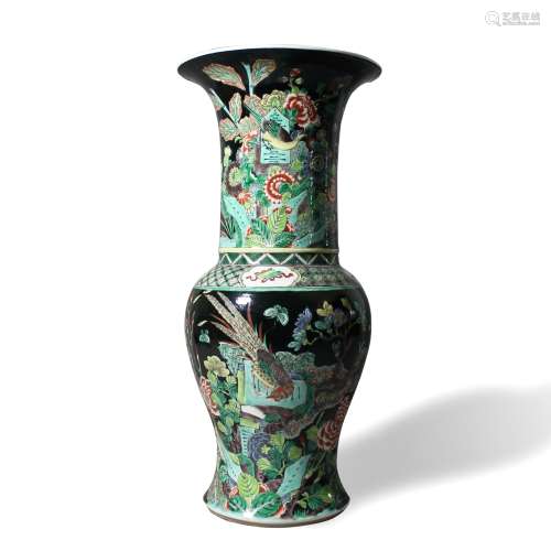 A Black-Ground Famille-Verte 'Floral' Baluster Vase,  Kangxi Mark but 19th Century19世纪 墨地五彩花鸟图观音瓶  大清康熙年制款