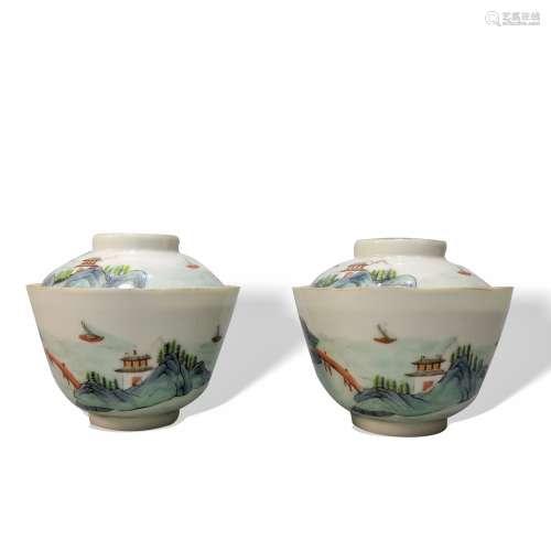 A Pair of Famille-Rose 'Landscape' Cups with Covers, Mark and Period of Daoguang, Qing Dynasty清道光 粉彩山水茶盅  道光年制款