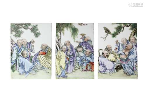 A Set of Three Rectangular Enamelled ‘Luohan’Porcelain Panels, Republic Period民国 十八罗汉瓷板 一组三件