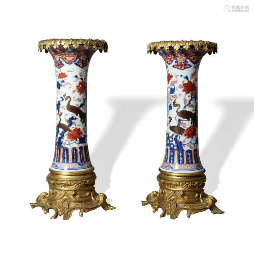 A Imari Gilt-Bronze 'Floral' Vase, Gu, Kangxi Period, Qing Dynasty清康熙 伊万里式铜鎏金花鸟纹花觚
