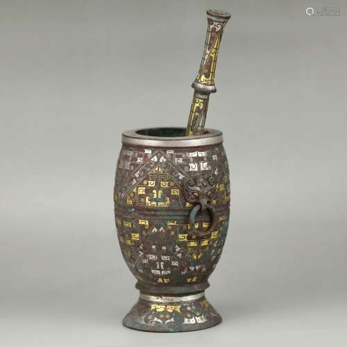 GILT SILVER AND BRONZE MORTAR AND PESTLE