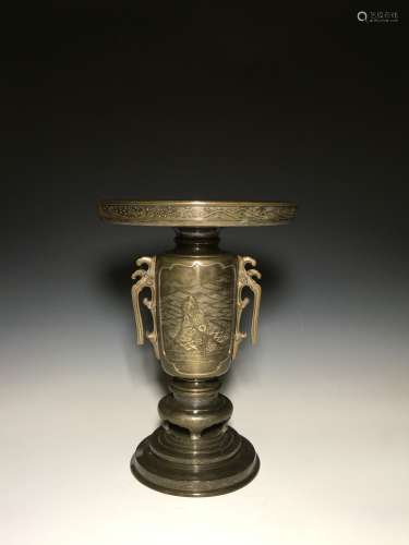 明治時期 銅製銀象嵌花器