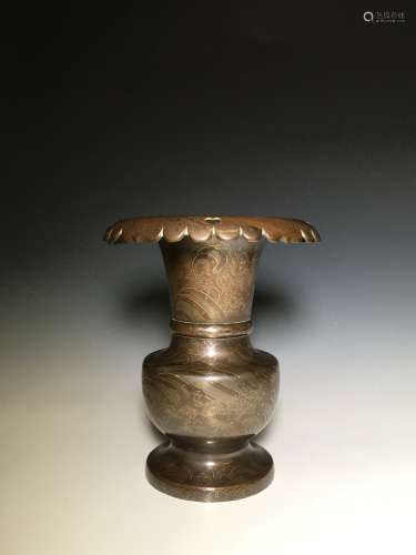 明治時期 銅製銀象嵌花生