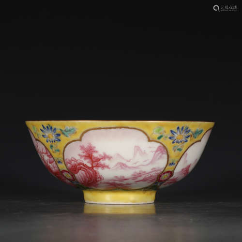 A Chinese Yellow Famille Rose Landscape Porcelain Bowl