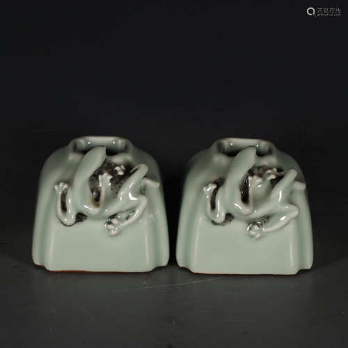 A Pair of Chinese Pea Green Glazed Dragon Carved Porcelain Washer