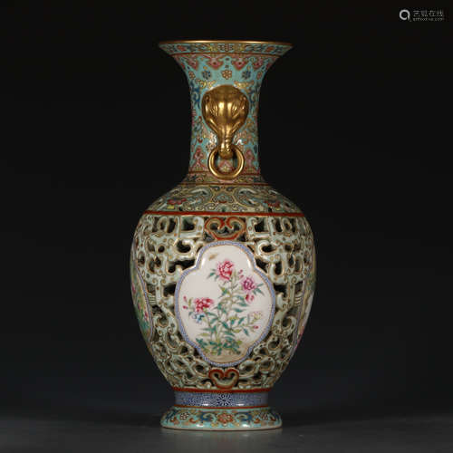 A Chinese Famille Rose Piercing Floral Porcelain Vase