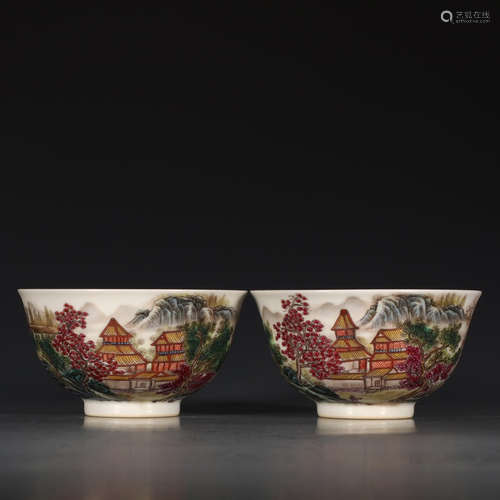 A Pair of Chinese Famille Rose Landscape Porcelain Bowls