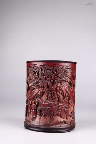 A Chinese Landscape Carved Bamboo Brush Pot