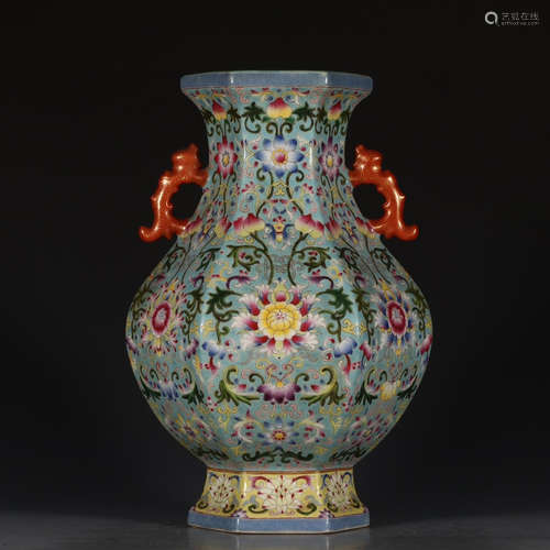 A Chinese Famille Rose Floral Porcelain Hexagon Vase