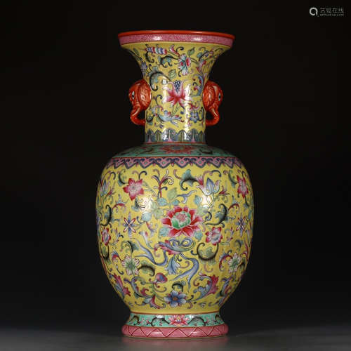 A Chinese Yellow Famille Rose Floral Porcelain Vase