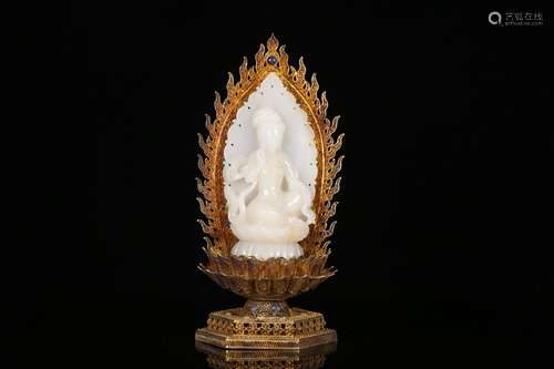 A Chinese Silver Gilding  Hetian Jade Guanyin Statue