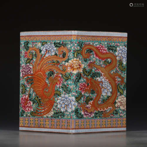 A Chinese Yellow Famille Rose Dragon&phoenix Pattern Porcelain Brush Pot