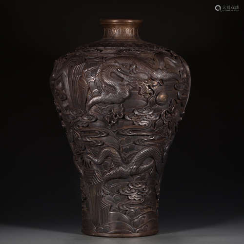 A Chinese Dragon Carved Silver Gild Porcelain Vase