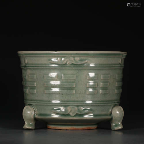 A Chinese Longquan Kiln Floral Carved Porcelain Three-legged Censer