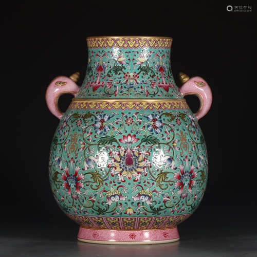 A Chinese Green Famille Rose Floral Porcelain Zun