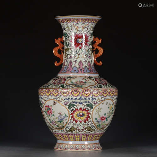 A Chinese Famille Rose Floral Porcelain Double Ears Vase